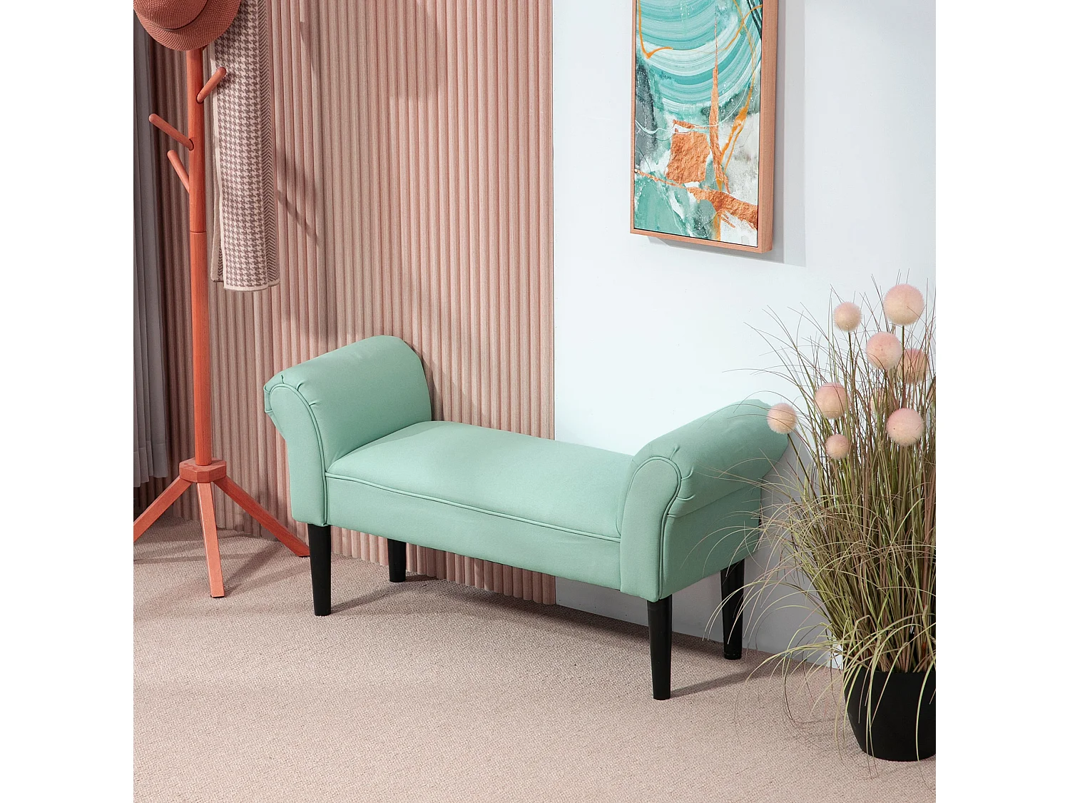 Banc de rangement avec coussin, bois, tissu, vert (102x36x51 cm)