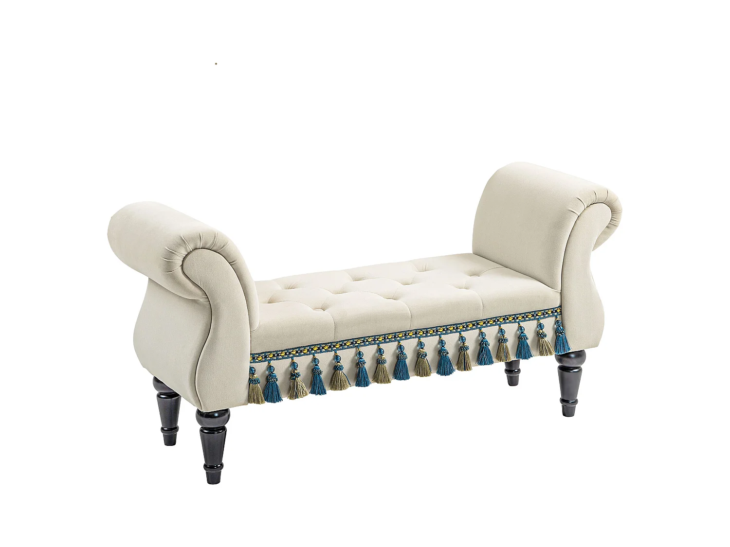 Banc rembourré avec accoudoirs, design vintage, pieds bois massif, beige (117x40x58cm)
