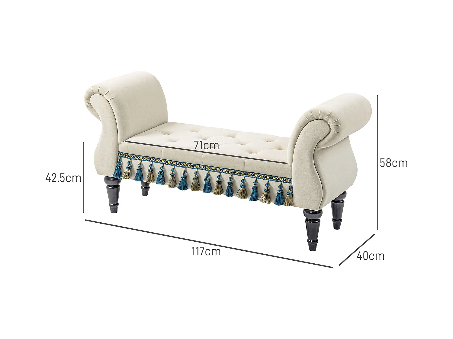 Banc rembourré avec accoudoirs, design vintage, pieds bois massif, beige (117x40x58cm)