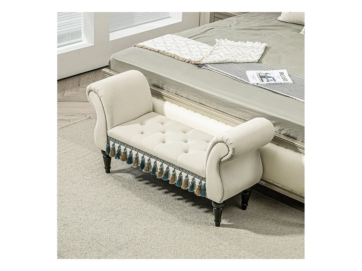 Banc rembourré avec accoudoirs, design vintage, pieds bois massif, beige (117x40x58cm)