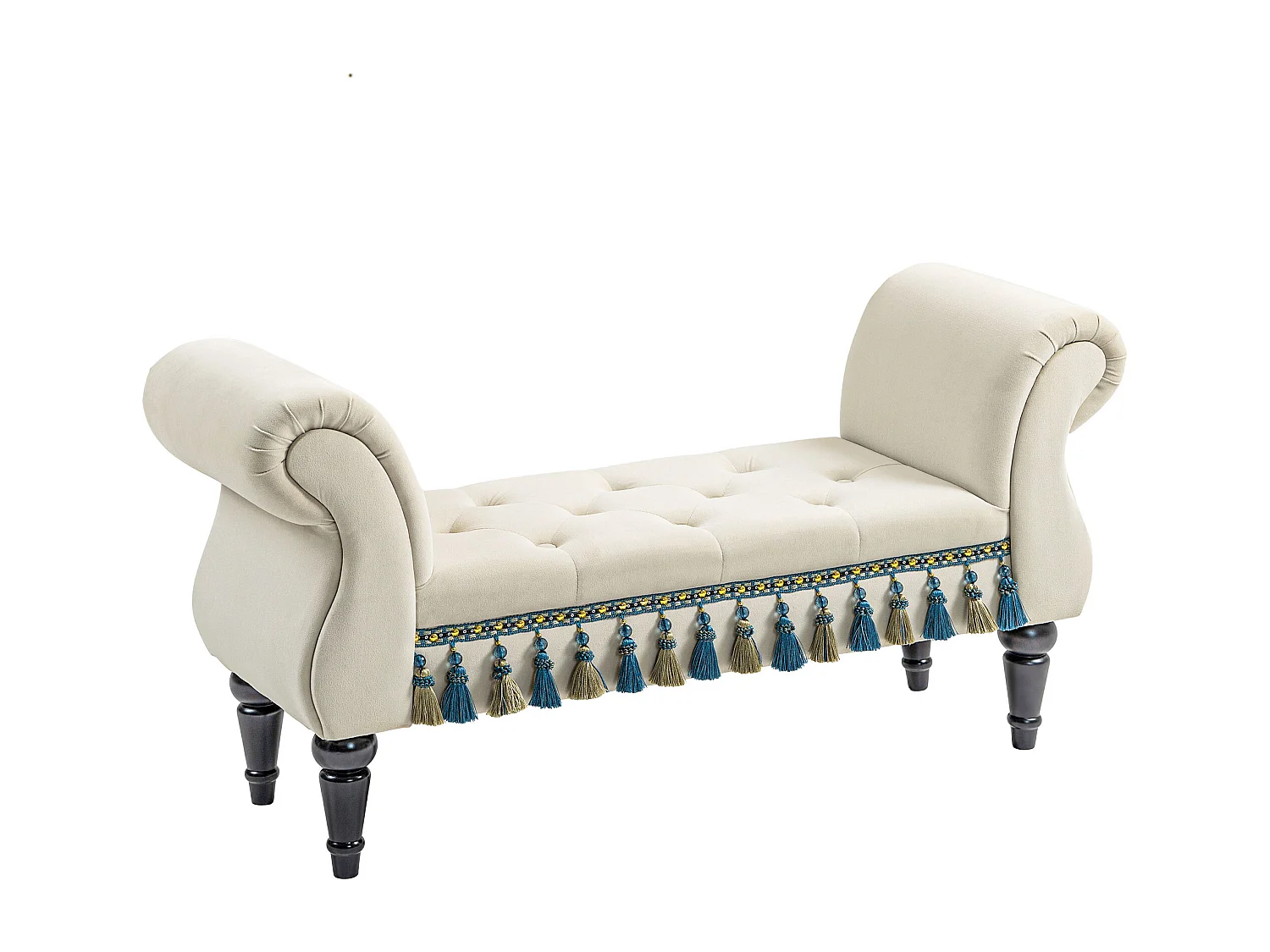 Banc rembourré avec accoudoirs, design vintage, pieds bois massif, beige (117x40x58cm)
