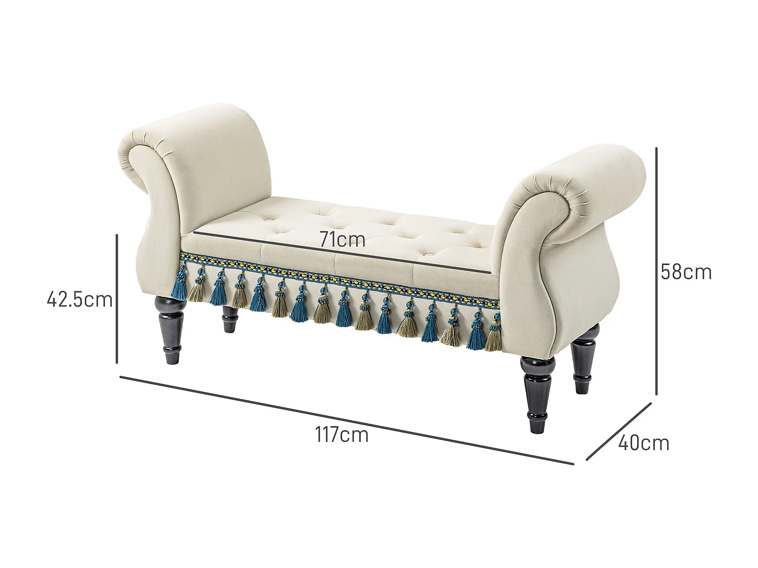 Banc rembourré avec accoudoirs, design vintage, pieds bois massif, beige (117x40x58cm)