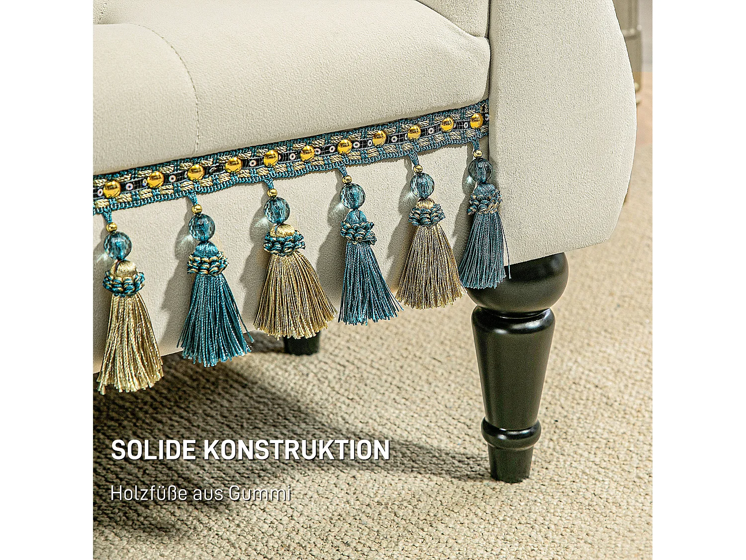 Banc rembourré avec accoudoirs, design vintage, pieds bois massif, beige (117x40x58cm)