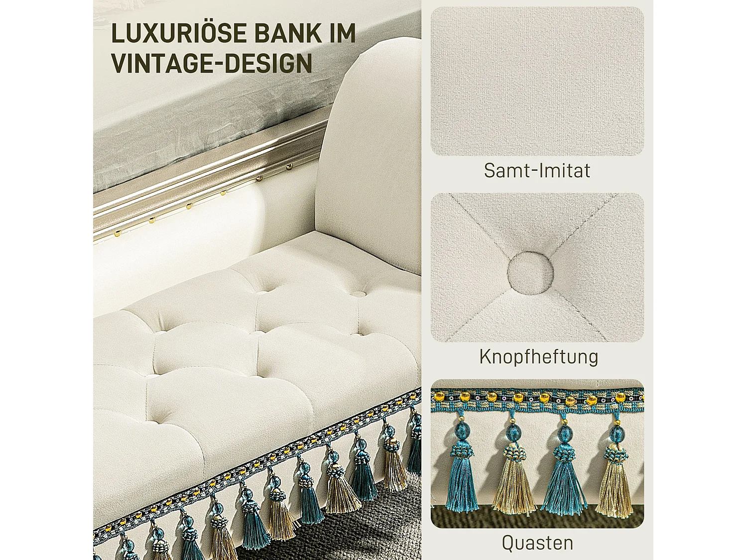 Banc rembourré avec accoudoirs, design vintage, pieds bois massif, beige (117x40x58cm)