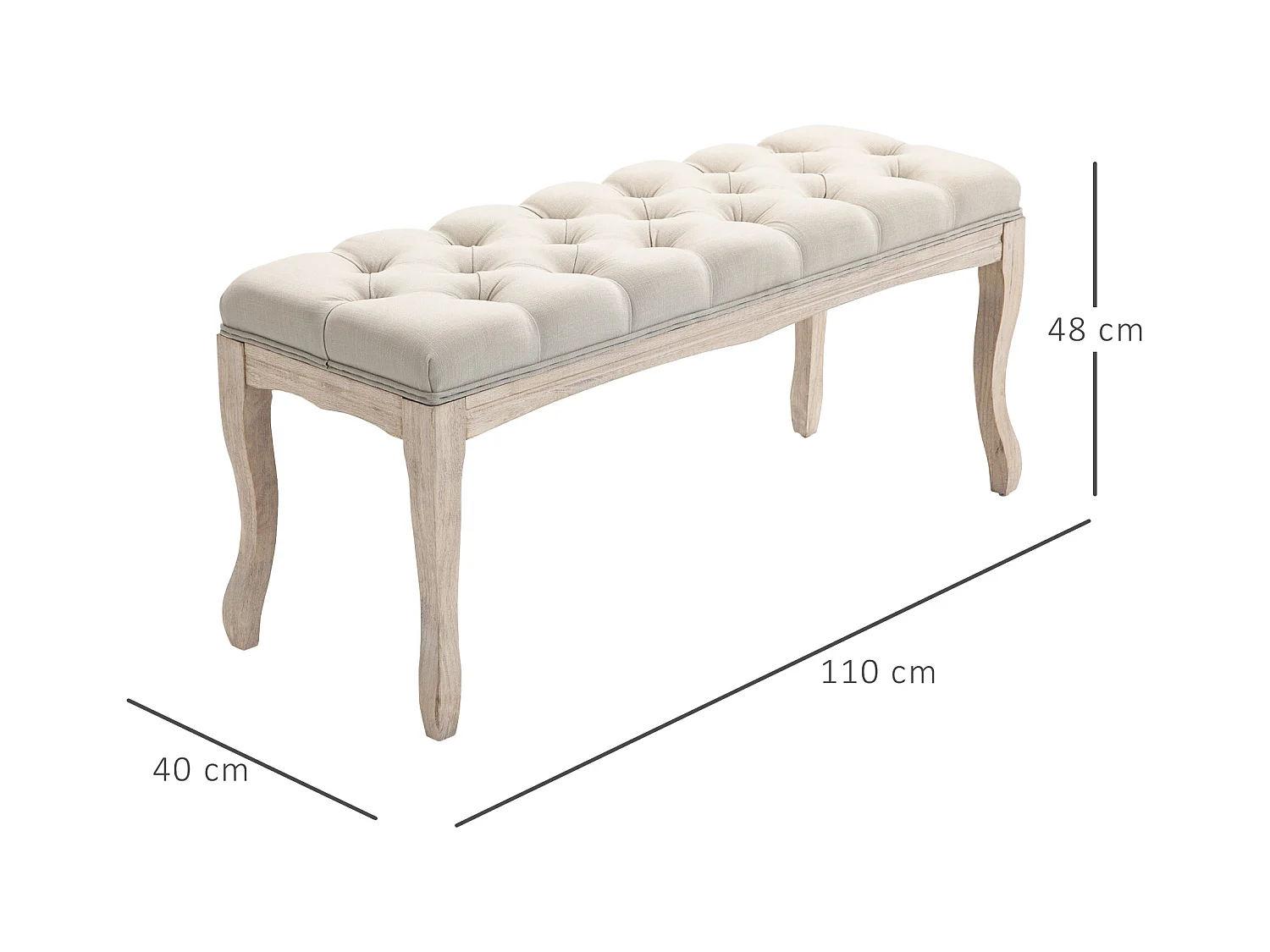 Banquette rembourrée vintage en lin, structure bois, beige (110x40x48cm)
