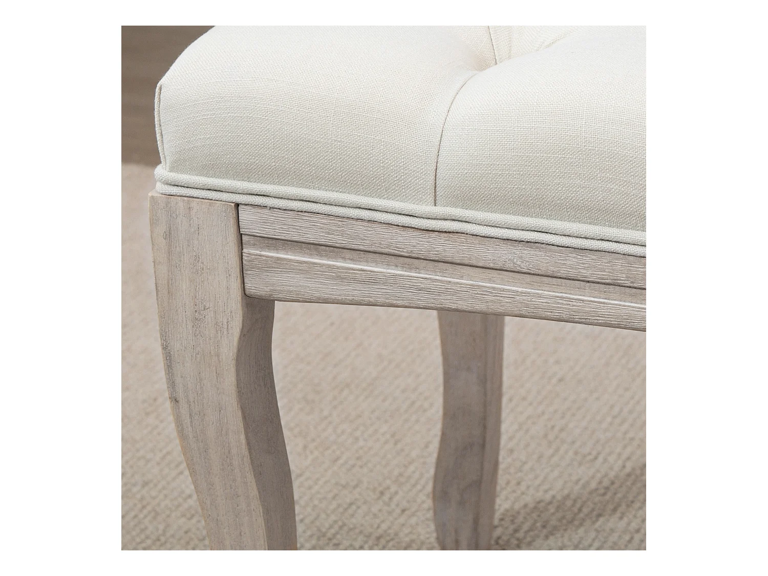 Banquette rembourrée vintage en lin, structure bois, beige (110x40x48cm)