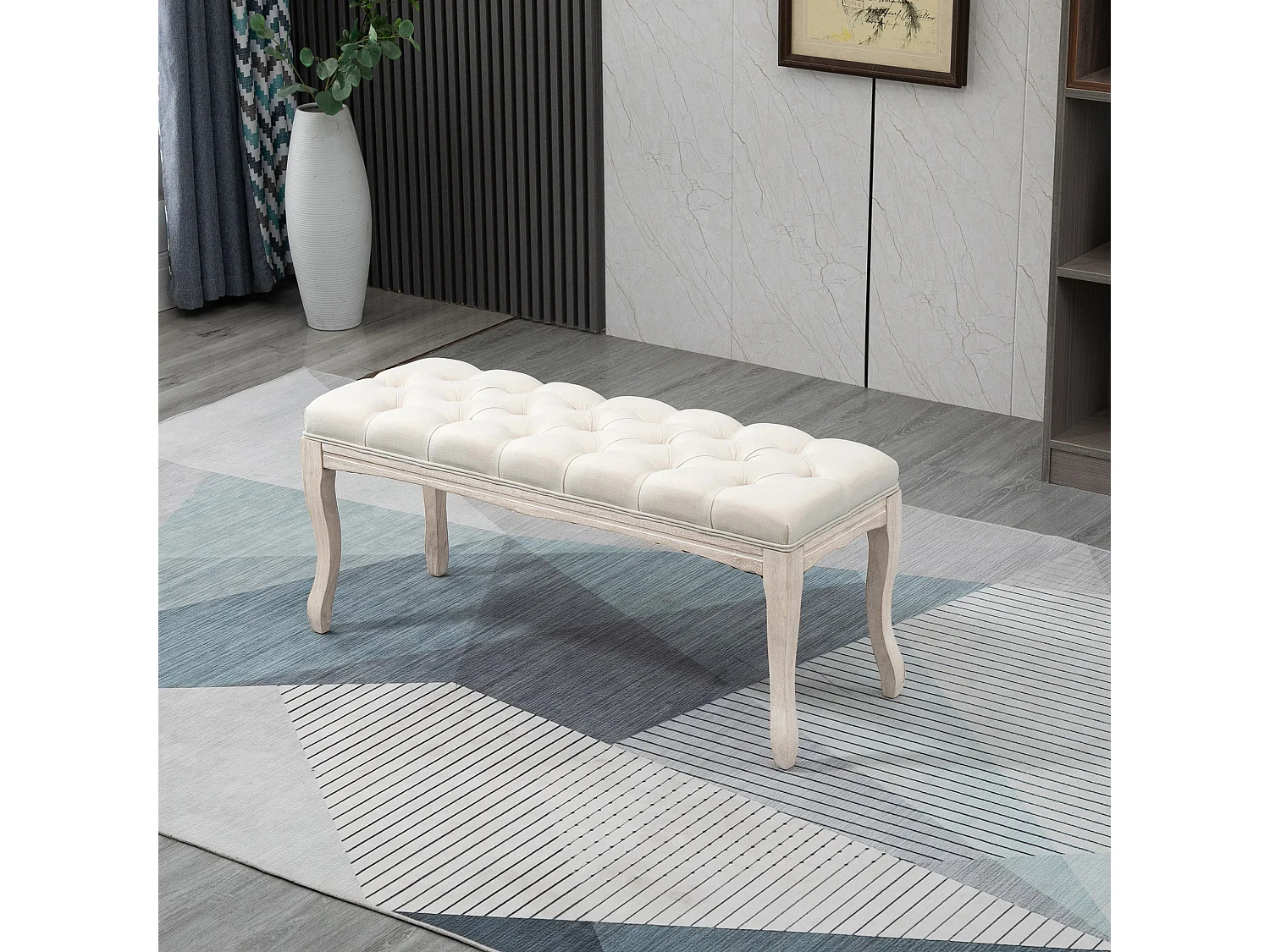 Banquette rembourrée vintage en lin, structure bois, beige (110x40x48cm)