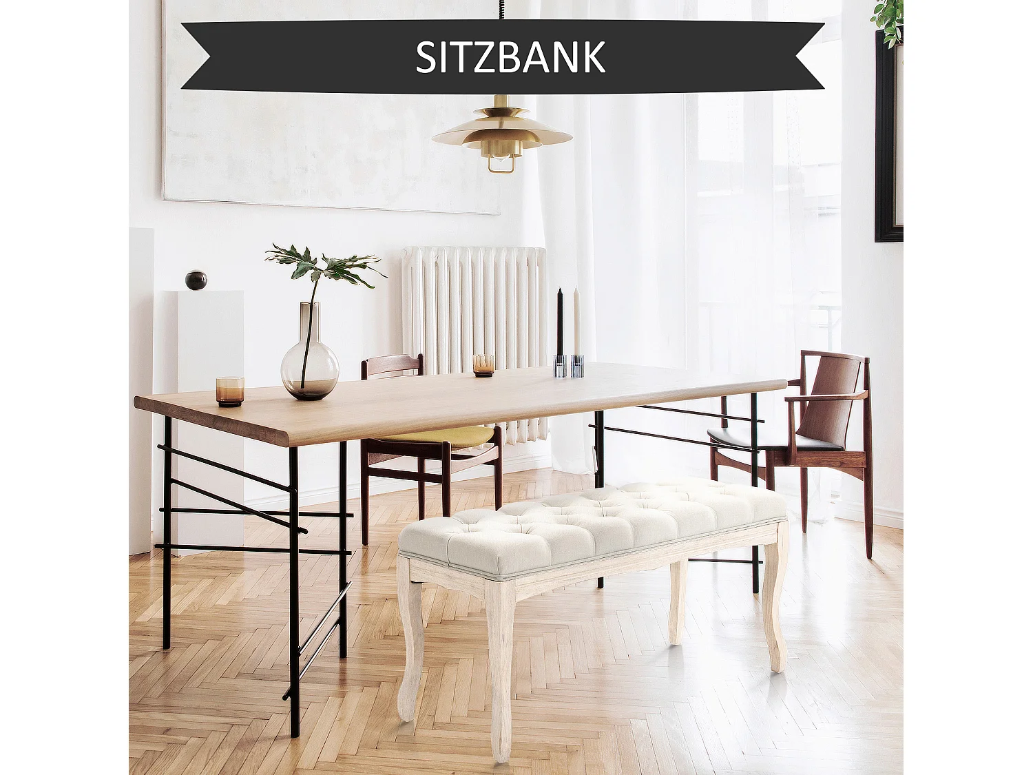 Banquette rembourrée vintage en lin, structure bois, beige (110x40x48cm)