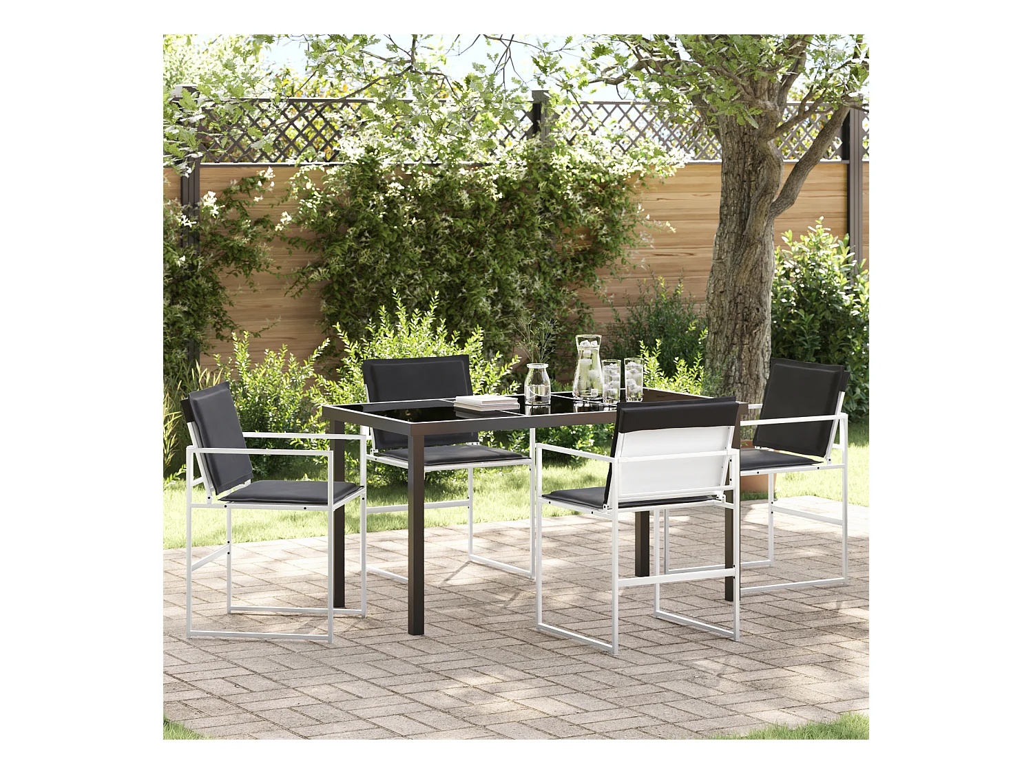 Ensemble de salle à manger de jardin 5 pièces avec coussins Textilène blanc et acier