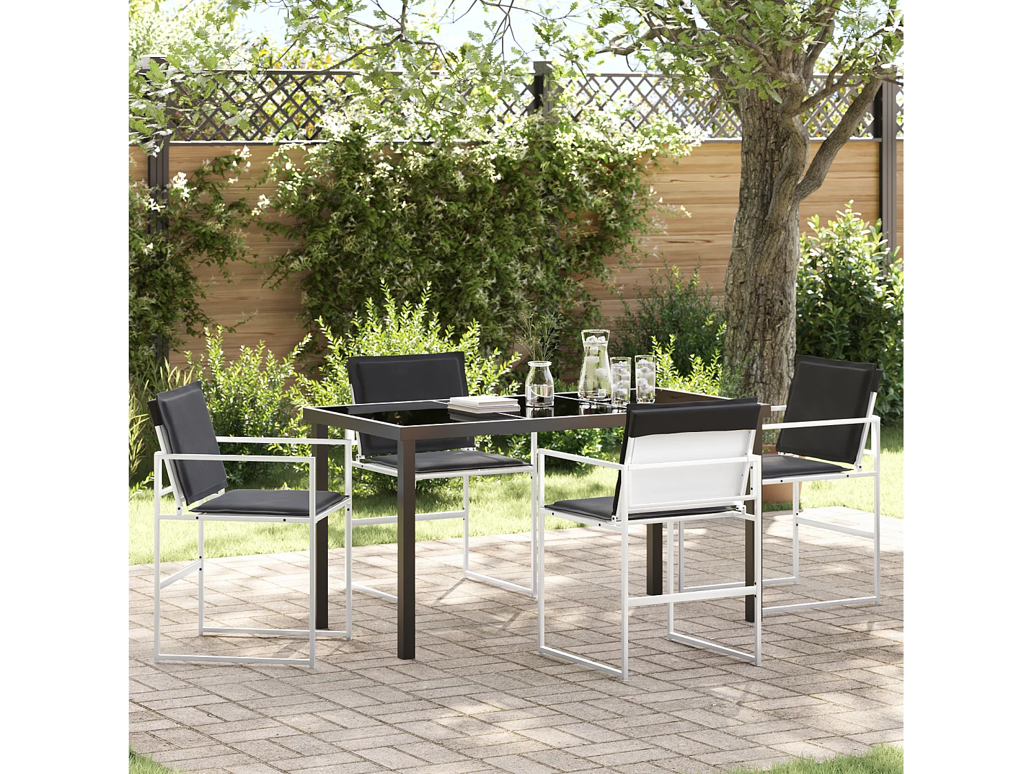 Ensemble de salle à manger de jardin 5 pièces avec coussins Textilène blanc et acier