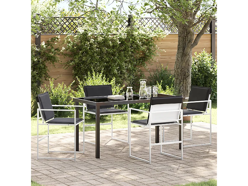 5-teiliges Garten-Essset mit weißen Textilene- und Stahlkissen