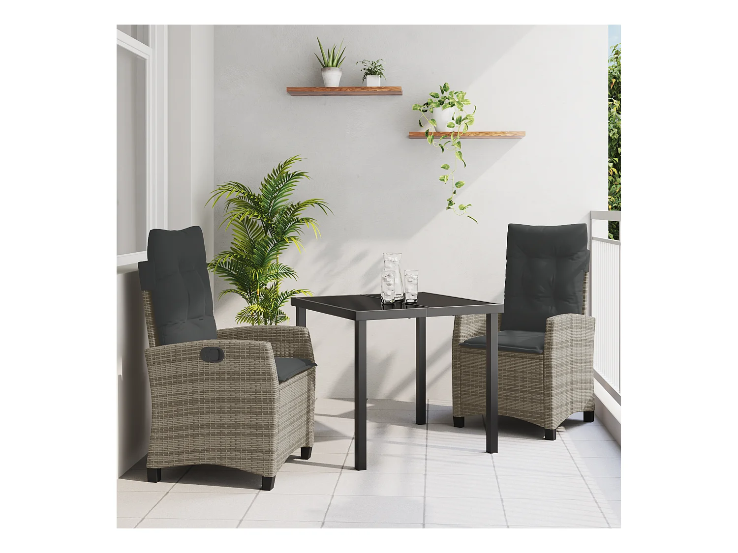 Ensemble de salle à manger de jardin 3 pièces avec coussins - Rattan gris