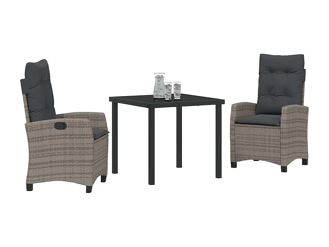 Ensemble de salle à manger de jardin 3 pièces avec coussins - Rattan gris