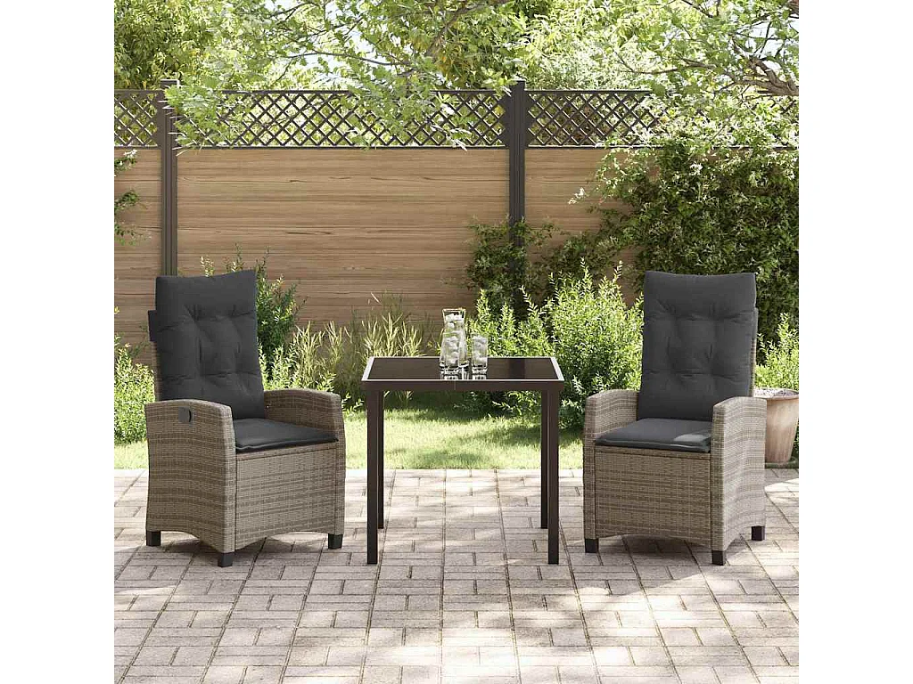 Ensemble de salle à manger de jardin 3 pièces avec coussins - Rattan gris