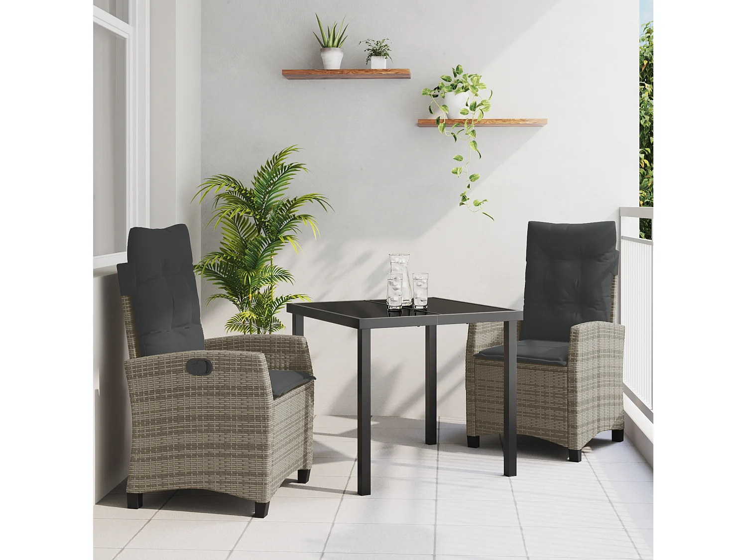 Juego de comedor de jardín de 3 piezas con cojines - Ratán gris