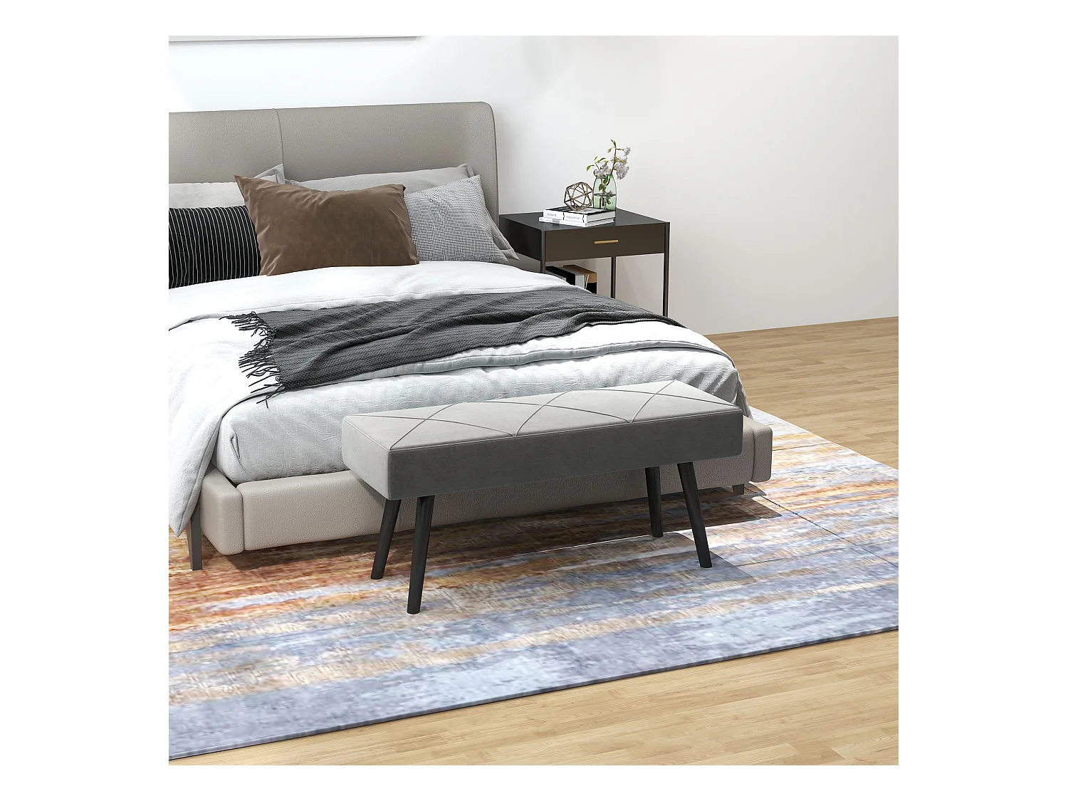 Banc rembourré en velours avec motif X, pieds acier, gris (100x36x45cm)