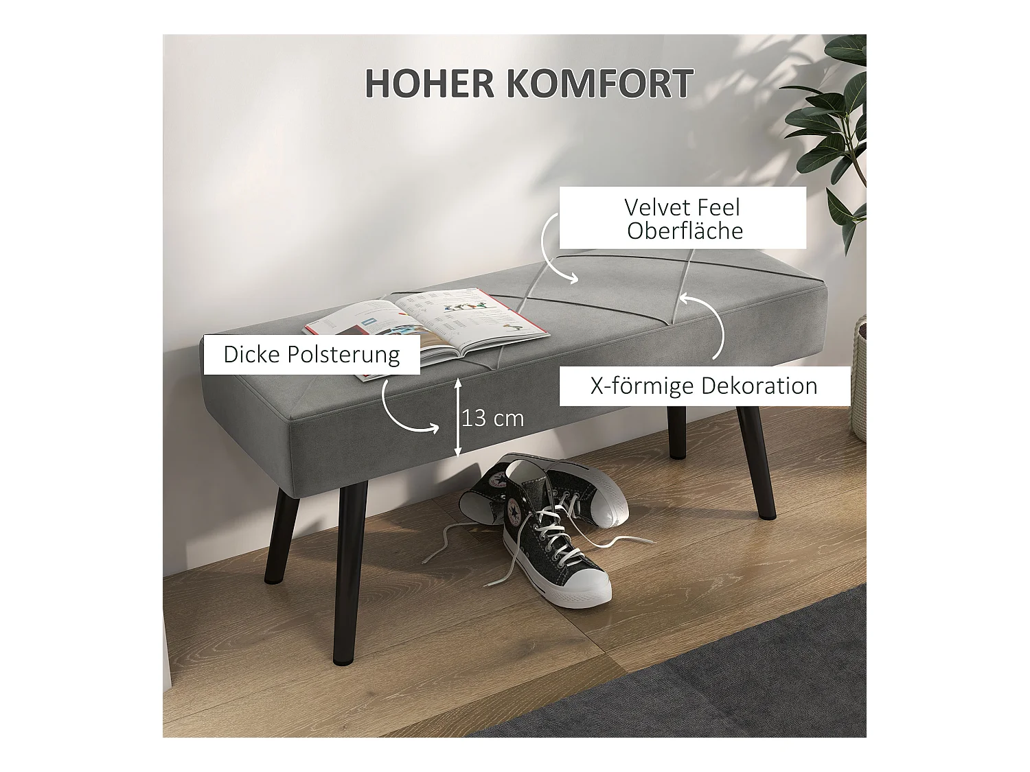 Banc rembourré en velours avec motif X, pieds acier, gris (100x36x45cm)