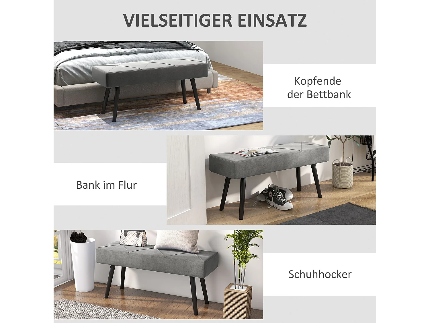 Banc rembourré en velours avec motif X, pieds acier, gris (100x36x45cm)