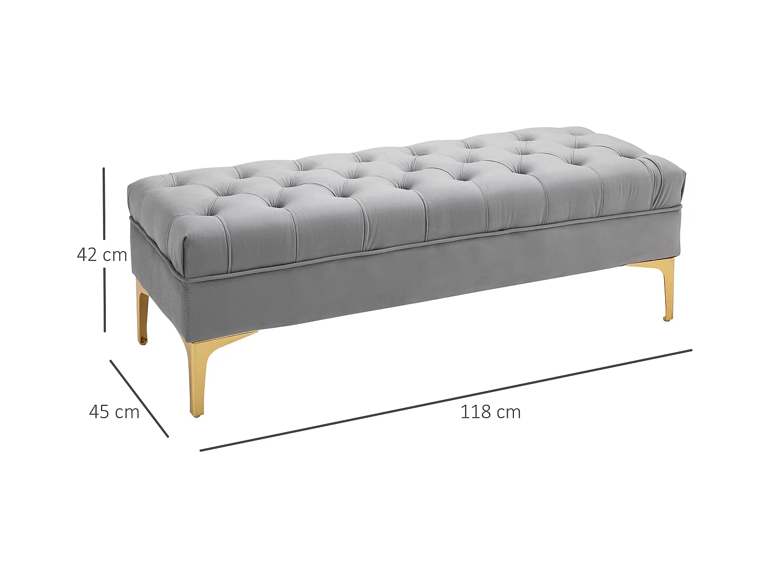 Banc avec coussin en velours, pieds en bois, multifonctionnel, gris clair (118x45x42 cm)