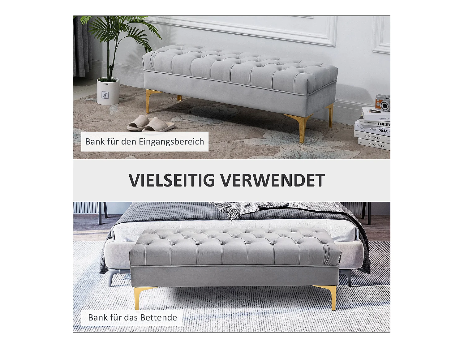 Banc avec coussin en velours, pieds en bois, multifonctionnel, gris clair (118x45x42 cm)