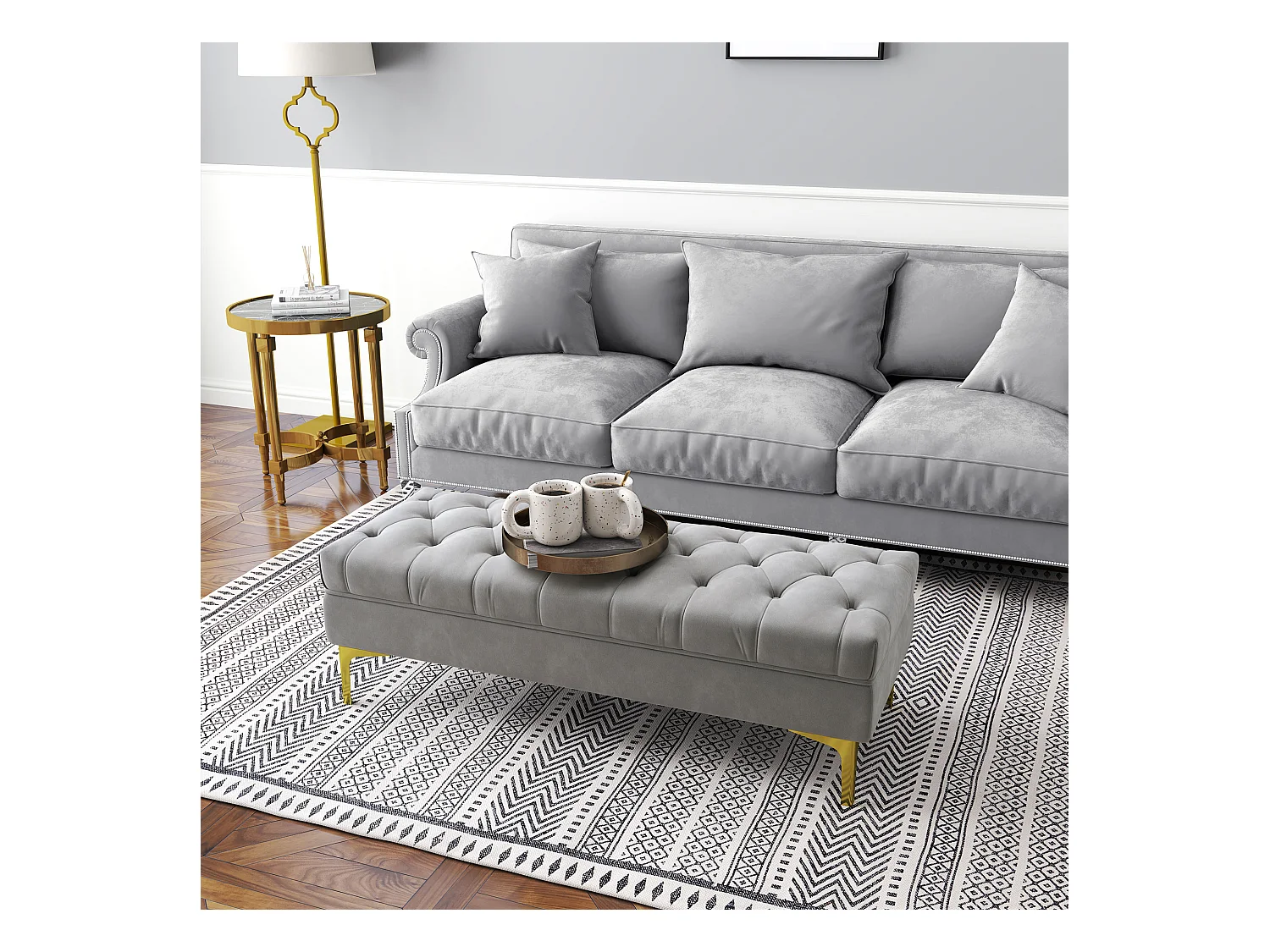 Banc avec coussin en velours, pieds en bois, multifonctionnel, gris clair (118x45x42 cm)