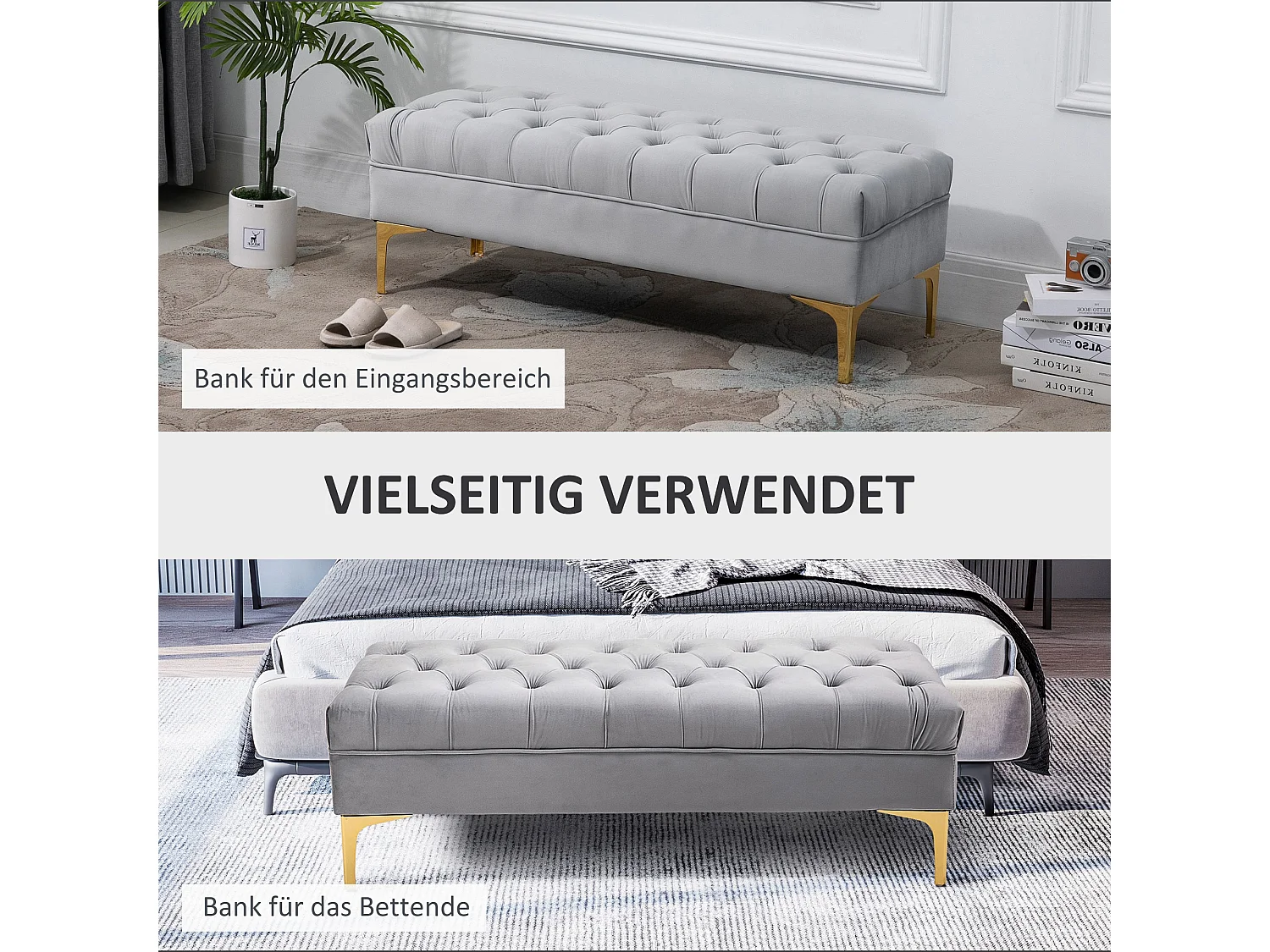 Banc avec coussin en velours, pieds en bois, multifonctionnel, gris clair (118x45x42 cm)