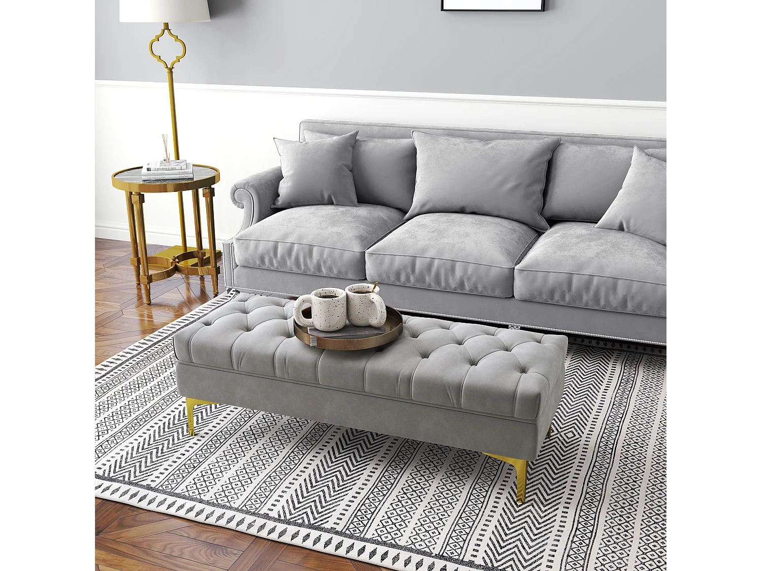 Banc avec coussin en velours, pieds en bois, multifonctionnel, gris clair (118x45x42 cm)