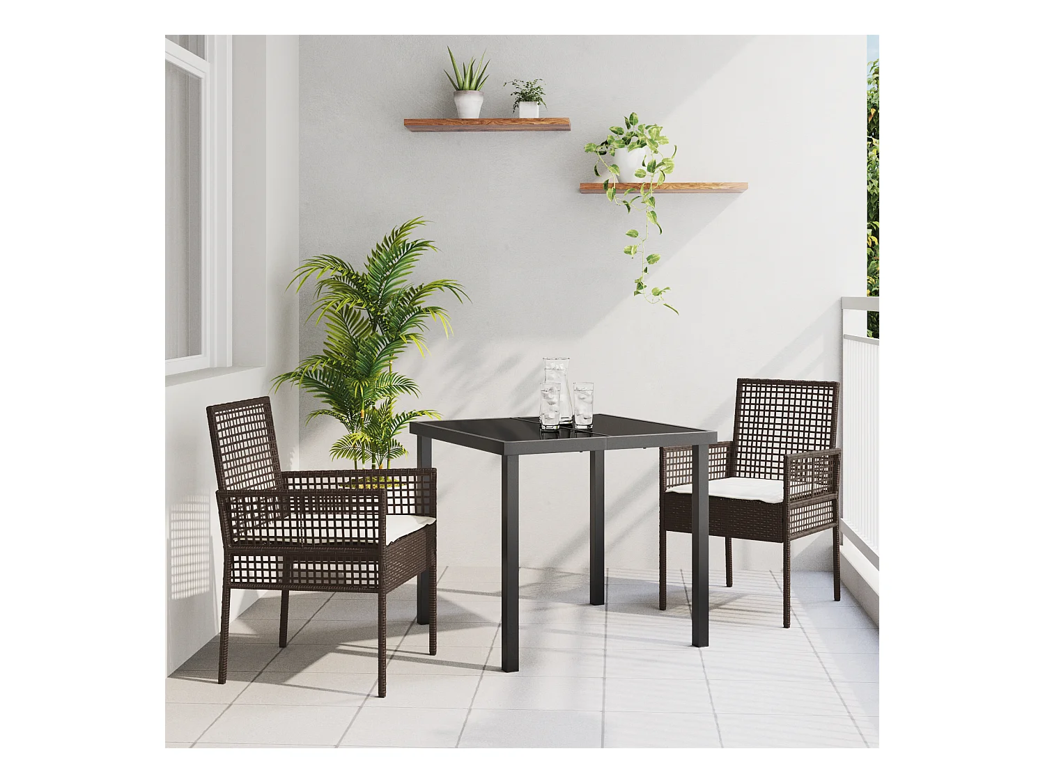 Set da pranzo da giardino 3 pezzi con cuscini in polyrattan marrone