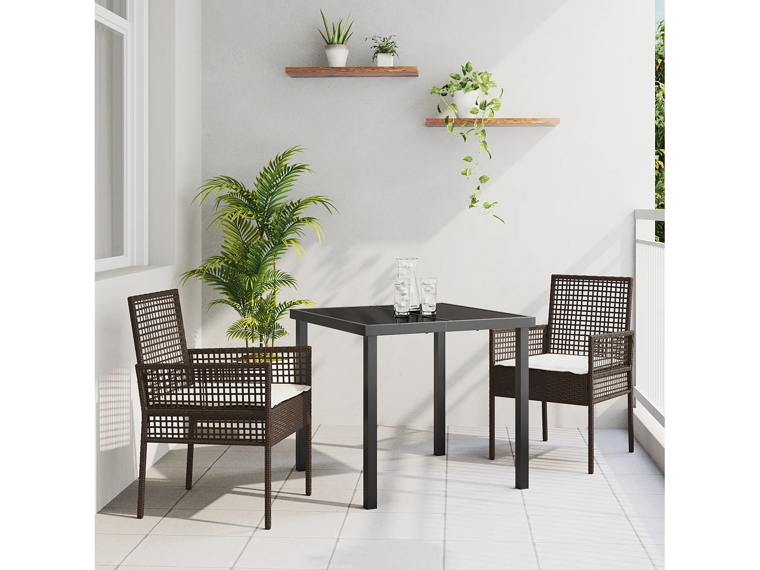 Ensemble de Salle à Manger de Jardin 3 pièces avec coussins en poly rattan marron