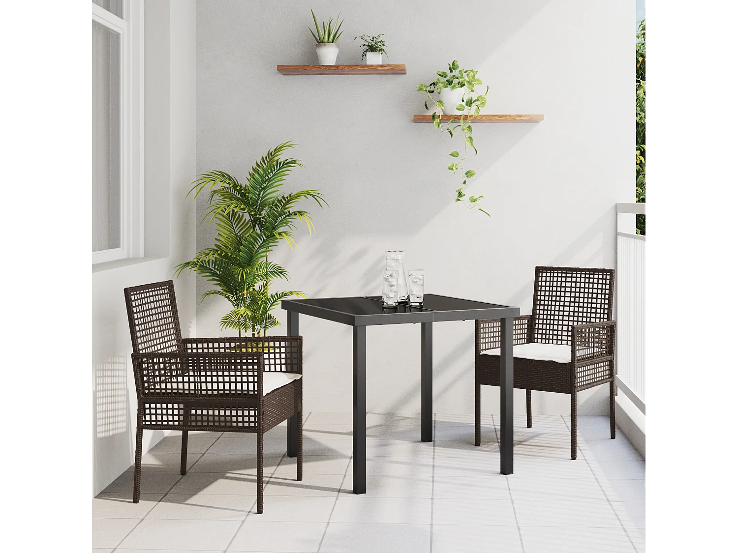 Ensemble de Salle à Manger de Jardin 3 pièces avec coussins en poly rattan marron
