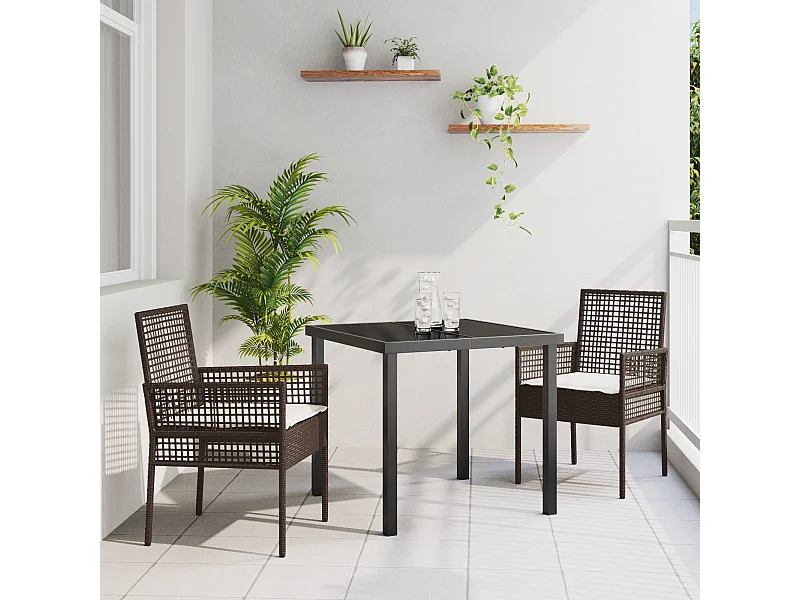 Ensemble de Salle à Manger de Jardin 3 pièces avec coussins en poly rattan marron