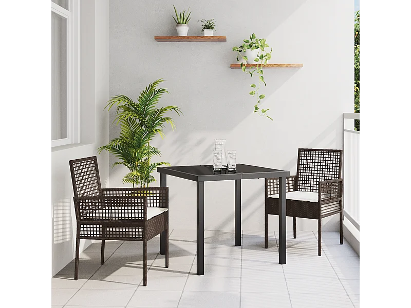 3-teiliges Garten-Essset mit braunen Polyrattan-Kissen