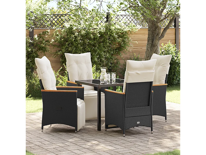 Set da pranzo da giardino 5 pezzi con cuscini in polyrattan nero