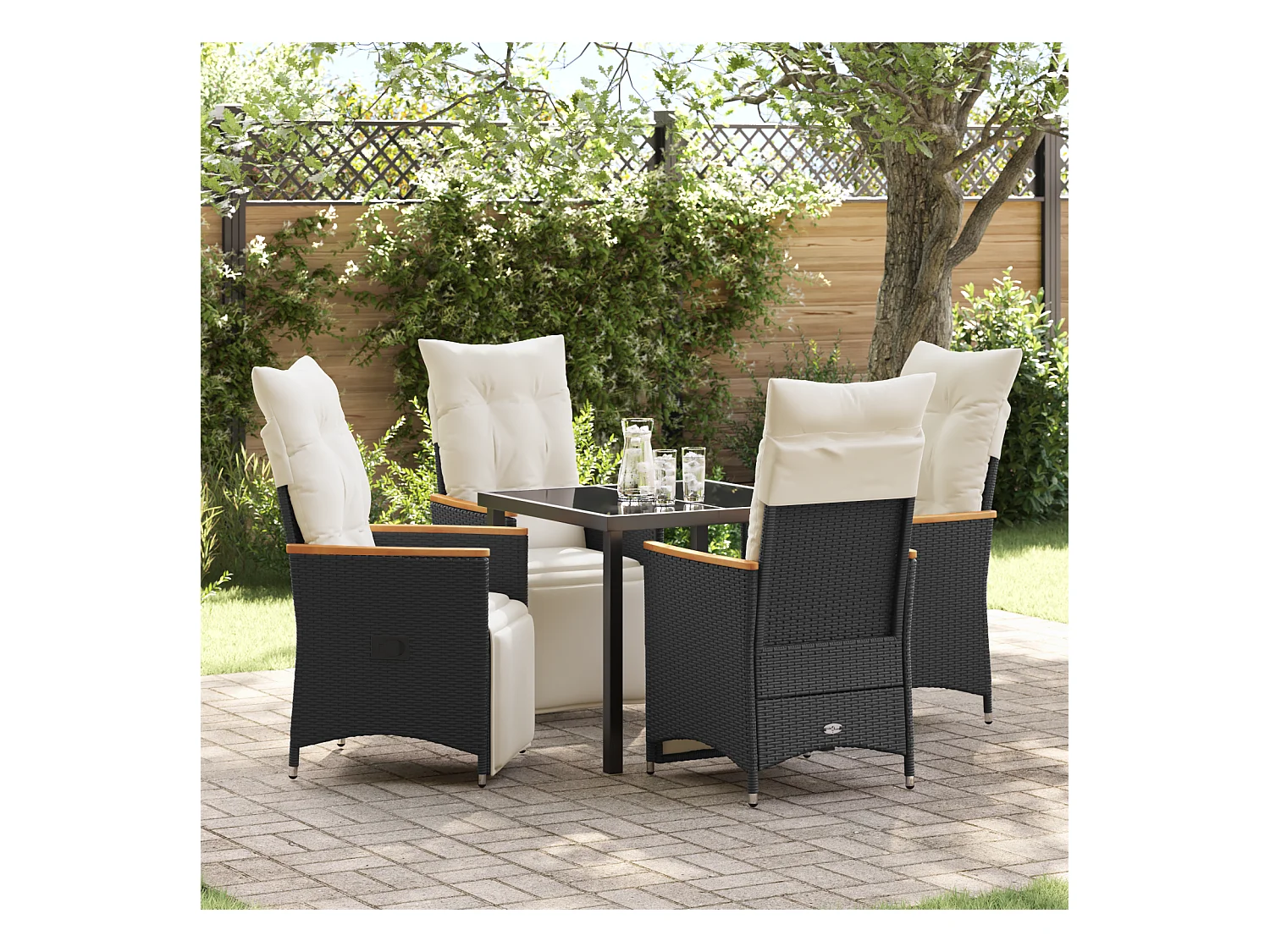 Set da pranzo da giardino 5 pezzi con cuscini in polyrattan nero