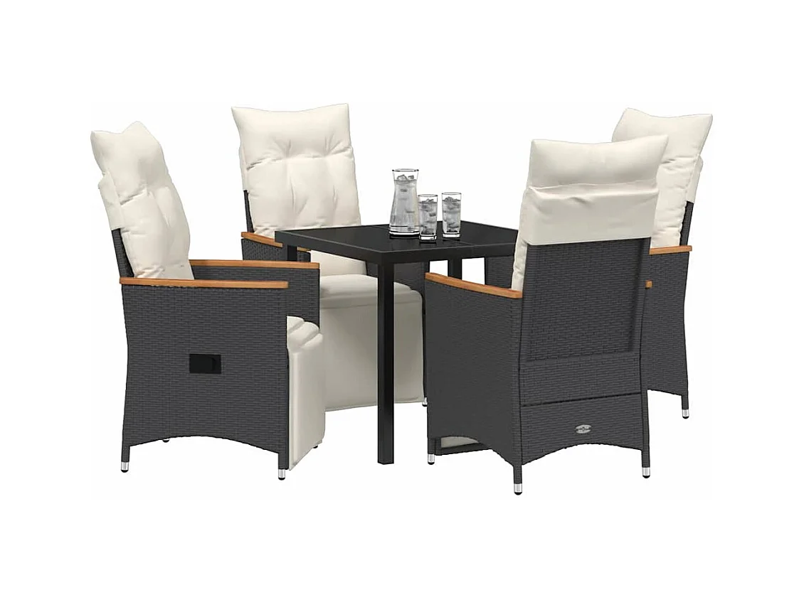 Set da pranzo da giardino 5 pezzi con cuscini in polyrattan nero