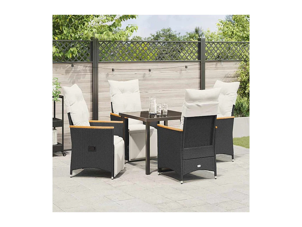 Set da pranzo da giardino 5 pezzi con cuscini in polyrattan nero