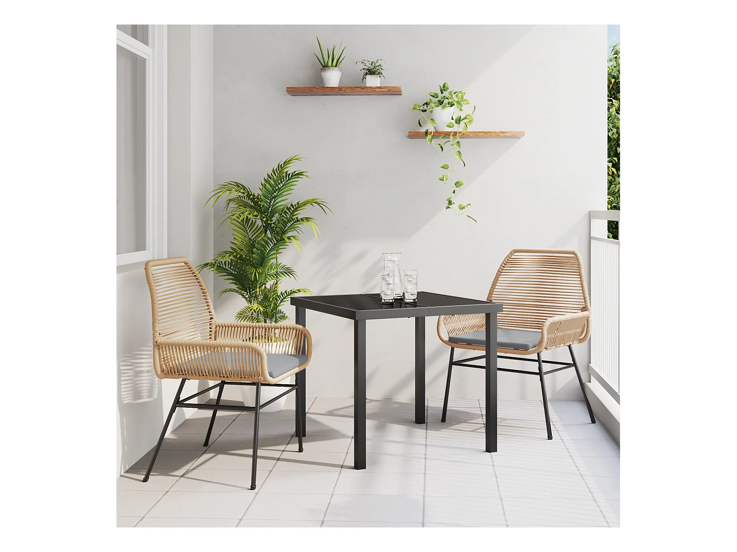 Ensemble de salle à manger de jardin 3 pièces avec coussins en rotin poly marron