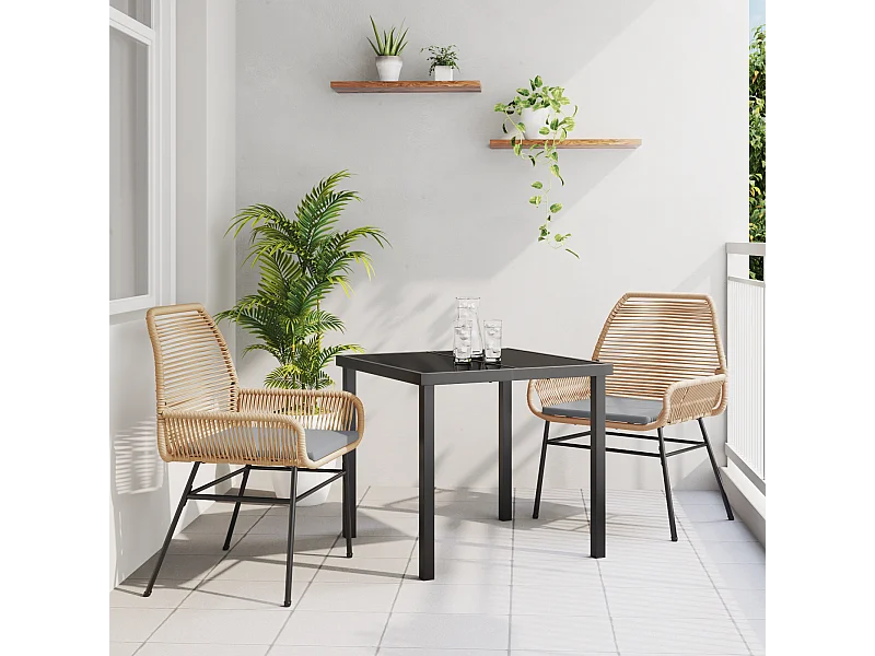 3-teiliges Garten-Essset mit braunen Polyrattan-Kissen