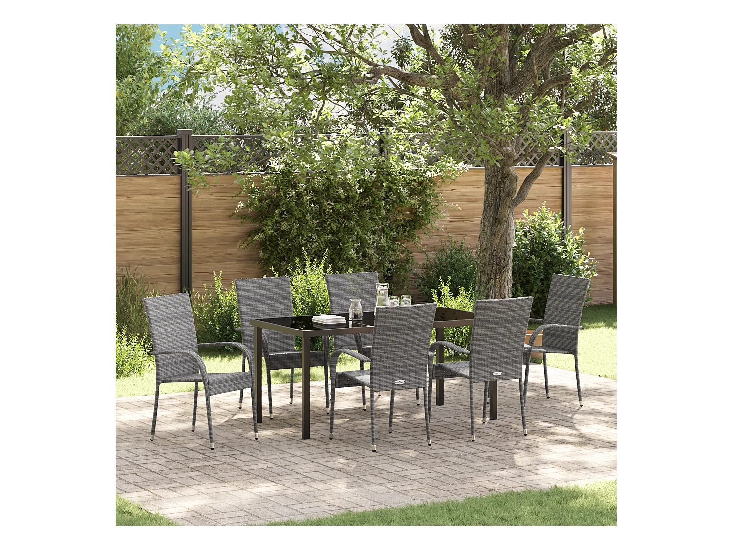 Ensemble de jardin 7 pièces en poly rattan gris