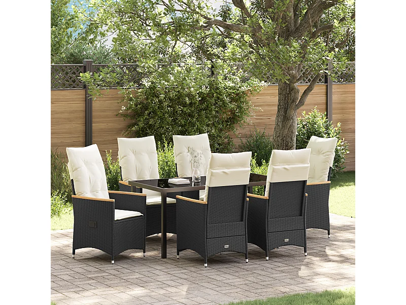 Set da pranzo da giardino da 7 pezzi con cuscini in polyrattan nero
