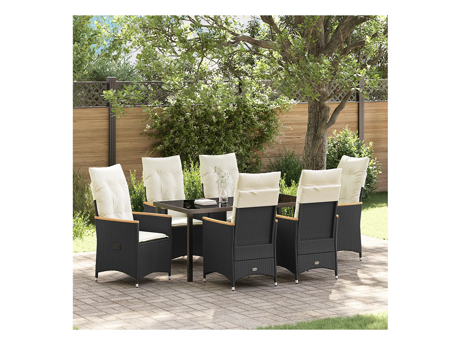Set da pranzo da giardino da 7 pezzi con cuscini in polyrattan nero