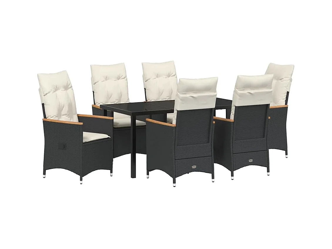 Set da pranzo da giardino da 7 pezzi con cuscini in polyrattan nero