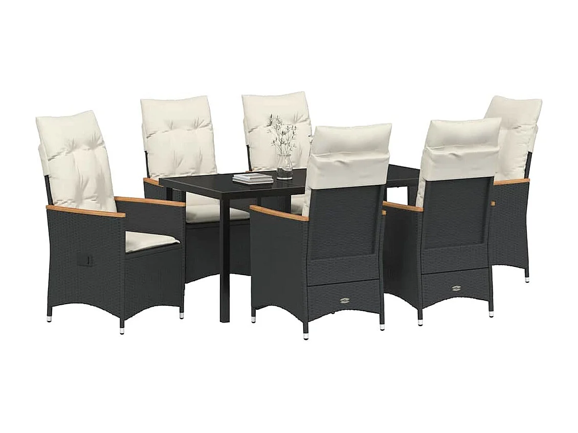 Ensemble de salle à manger de jardin de 7 pièces avec coussins en rattan poly noir