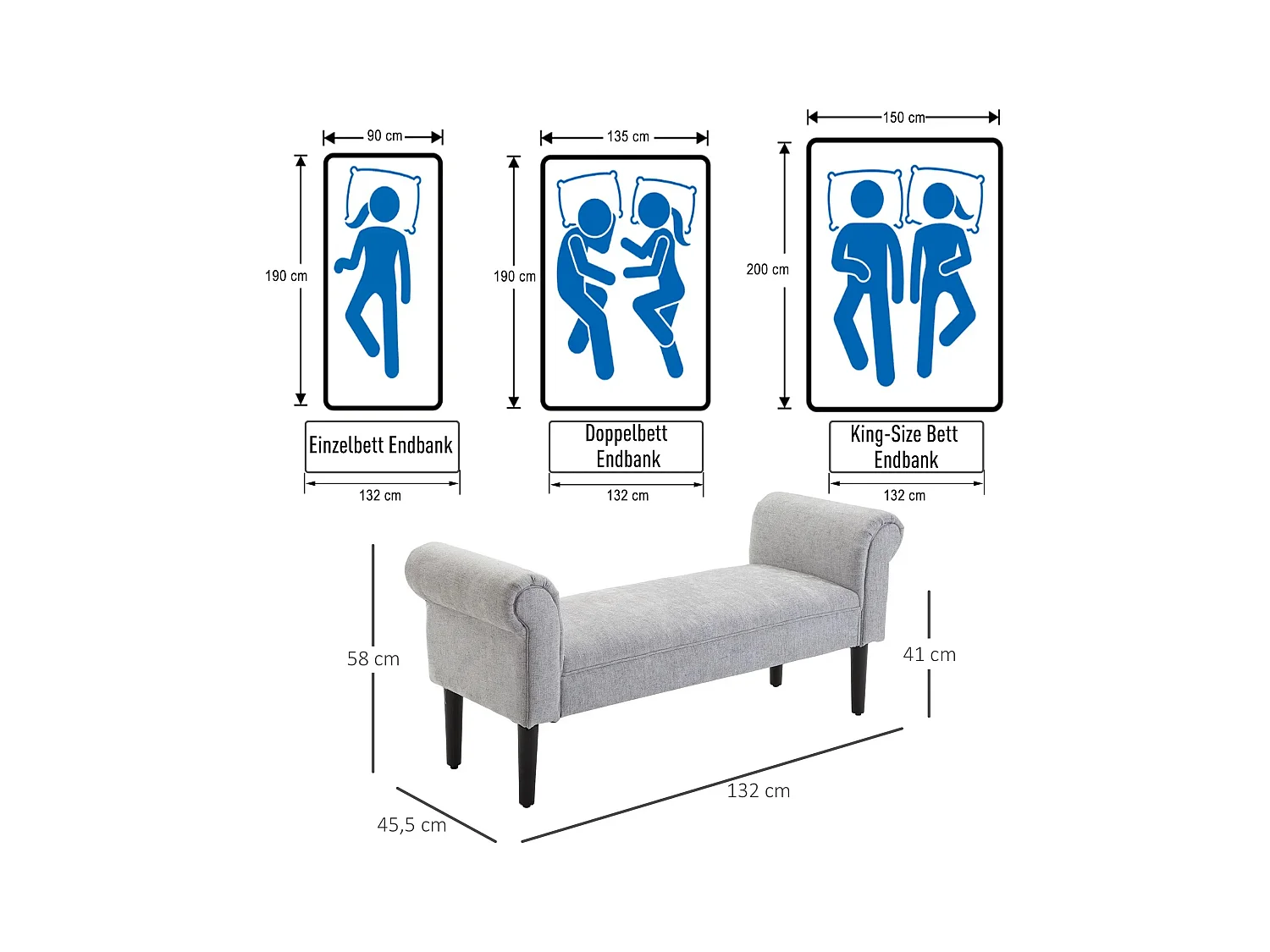 Banc rembourré élégant avec accoudoirs roulés, polyester, gris clair (132x45.5x58cm)