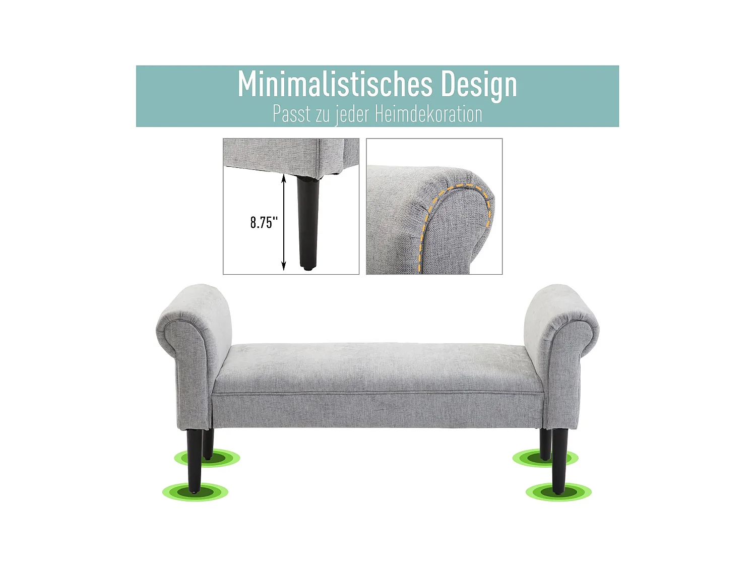 Banc rembourré élégant avec accoudoirs roulés, polyester, gris clair (132x45.5x58cm)