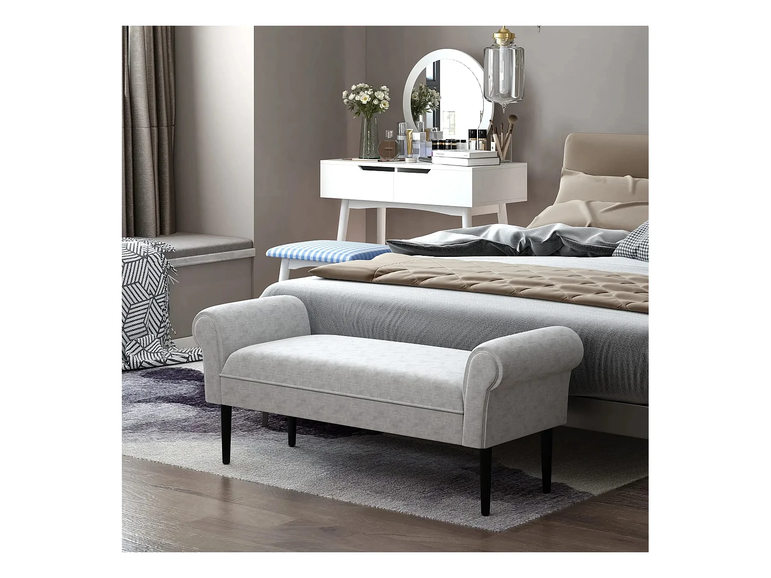 Banc rembourré élégant avec accoudoirs roulés, polyester, gris clair (132x45.5x58cm)