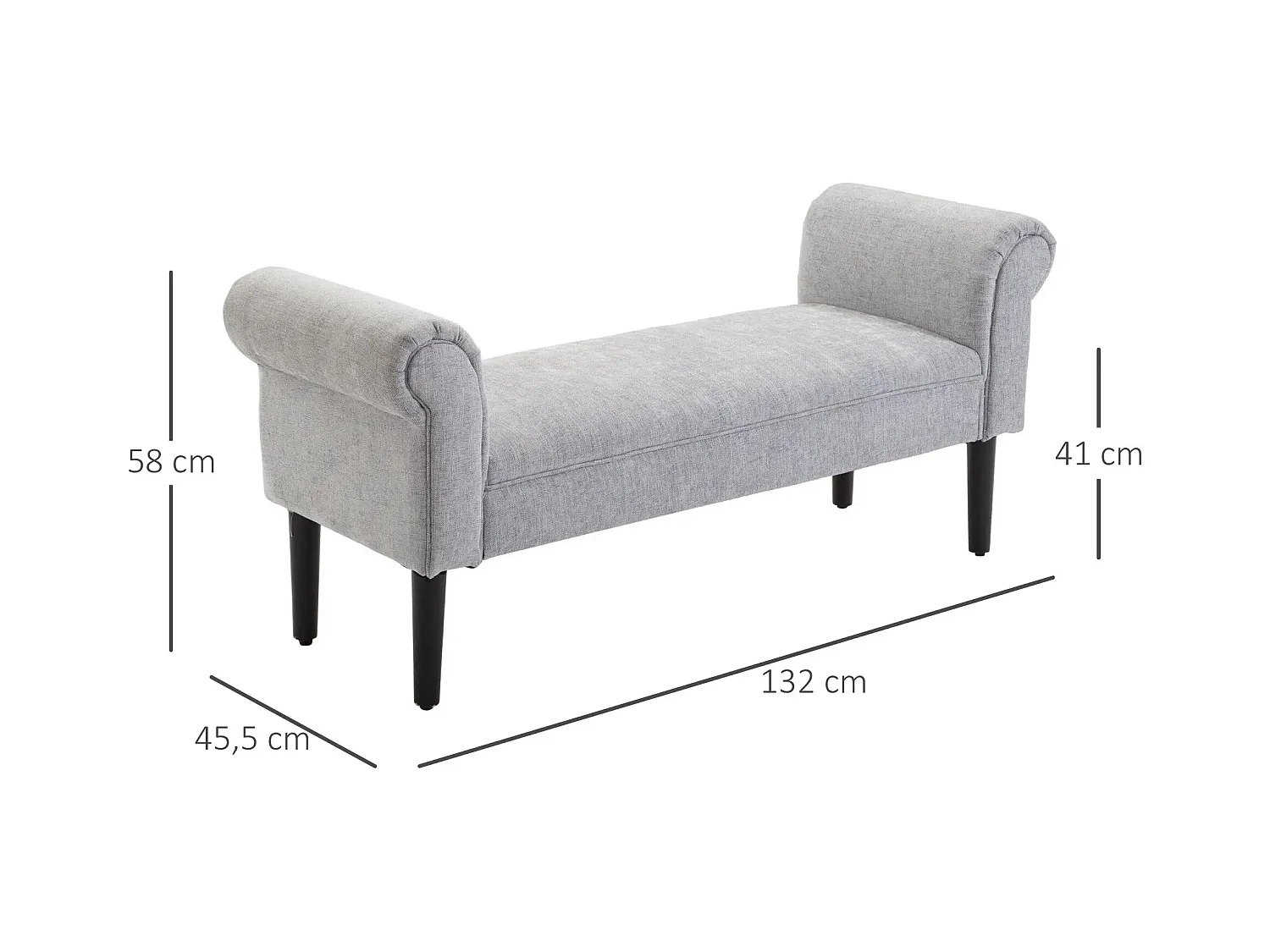 Banc rembourré élégant avec accoudoirs roulés, polyester, gris clair (132x45.5x58cm)