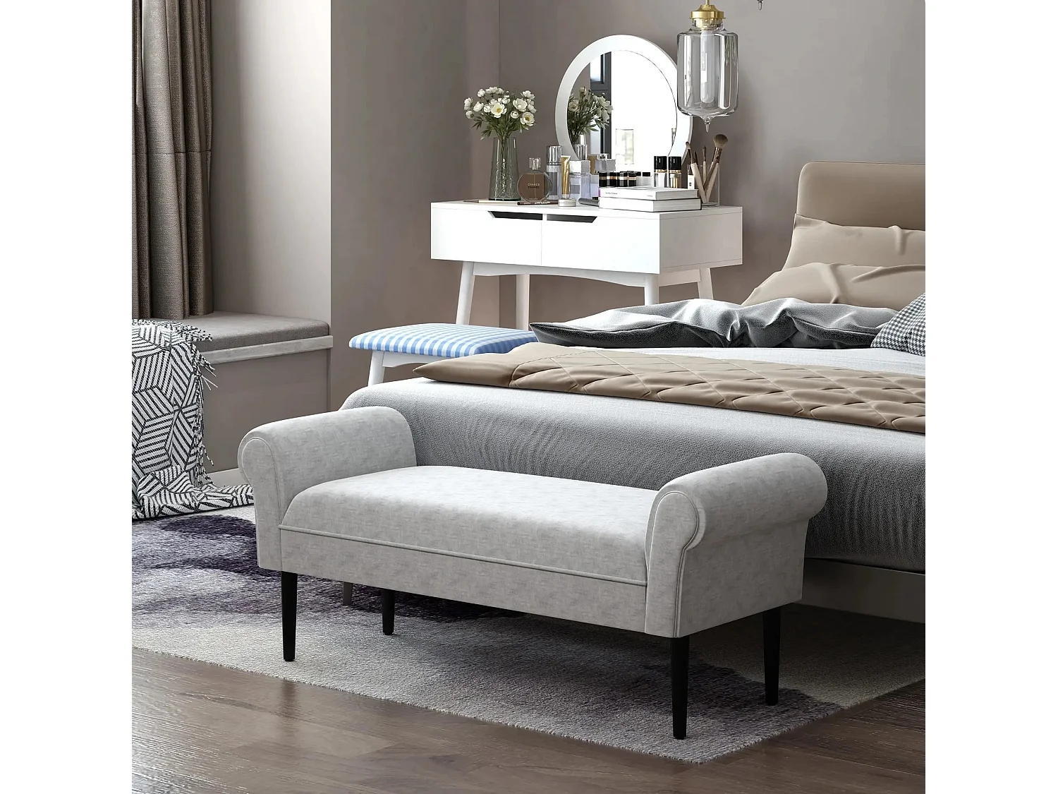 Elegante gestoffeerde bank met gerolde armleuningen, polyester, lichtgrijs (132x45,5x58cm)