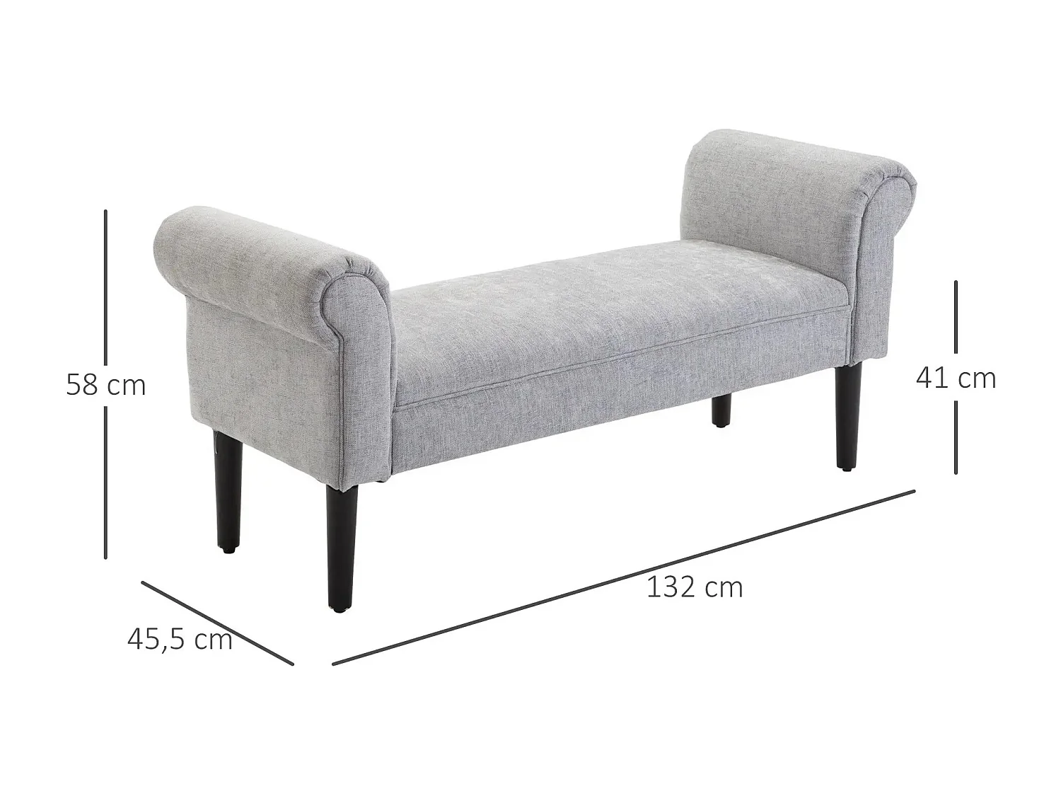 Elegante gestoffeerde bank met gerolde armleuningen, polyester, lichtgrijs (132x45,5x58cm)