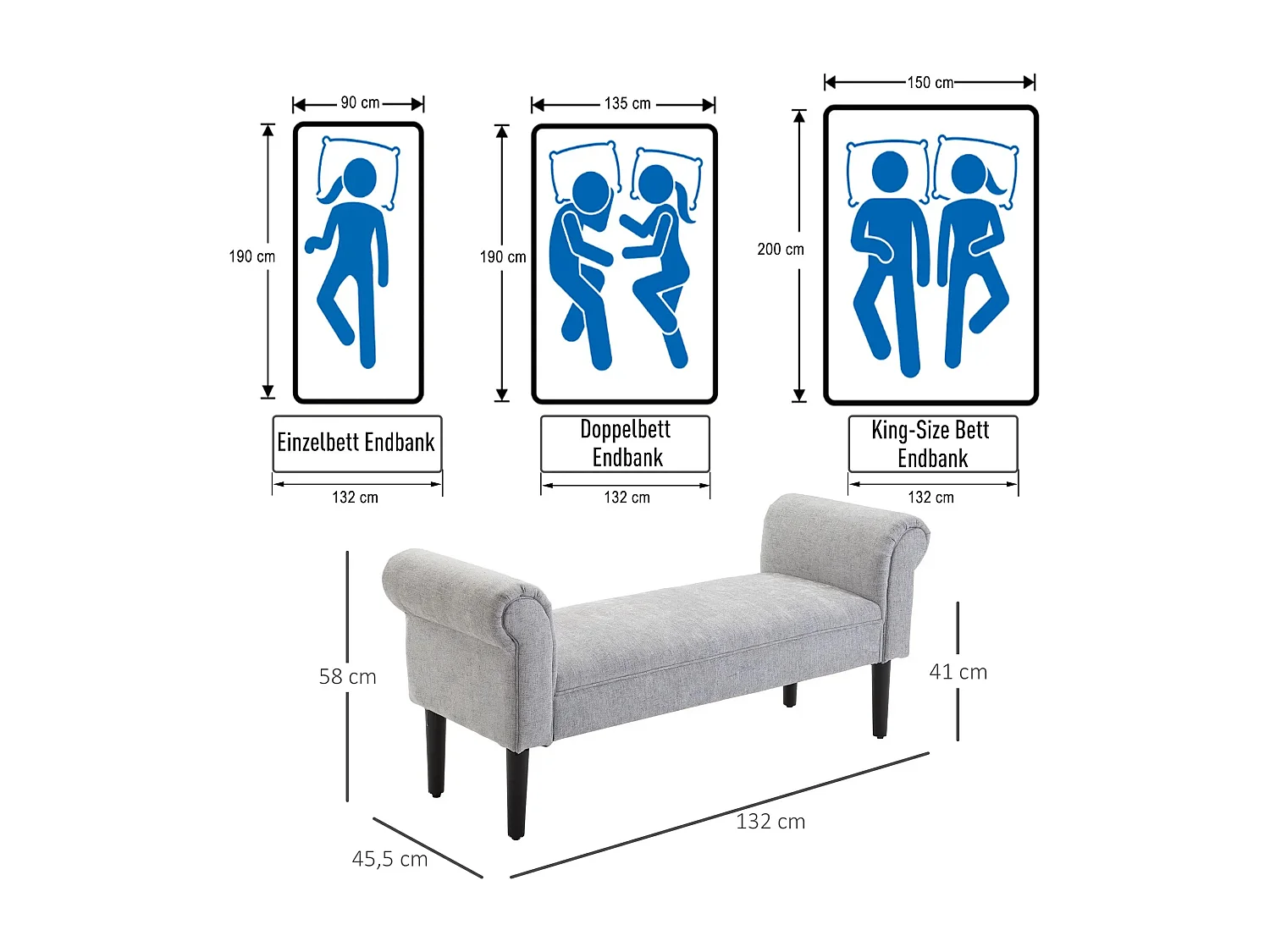 Elegante gestoffeerde bank met gerolde armleuningen, polyester, lichtgrijs (132x45,5x58cm)